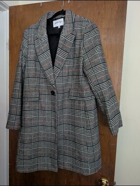 Kendall & Kylie Gray Plaid Long Blazer with Orange Pinstripe Women's L